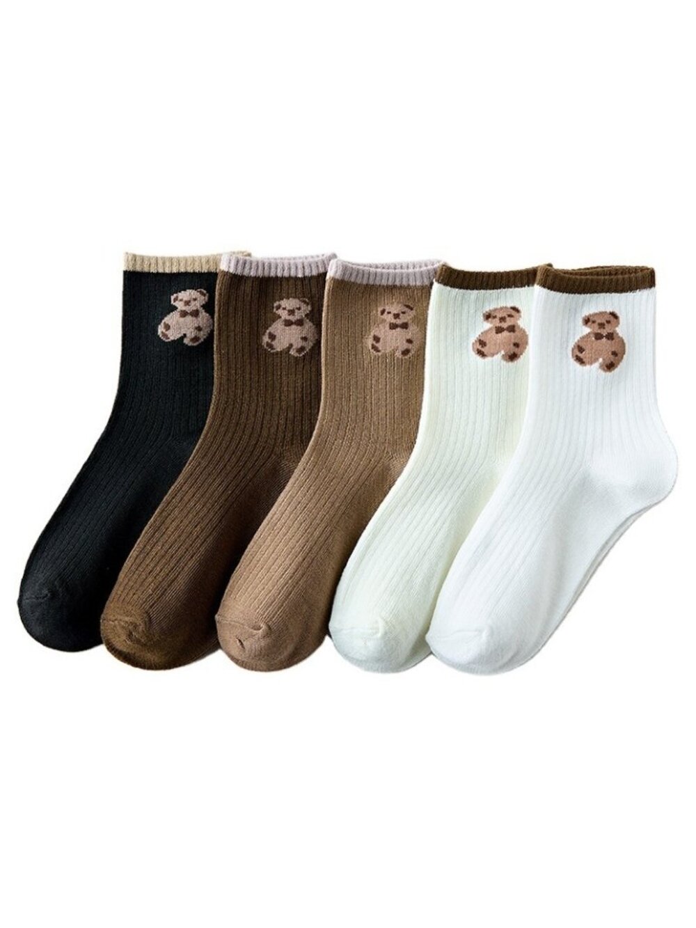 5-Pack Women's Cute Cartoon Teddy Bear Mid Crew Cut Ankle Socks Brown Set